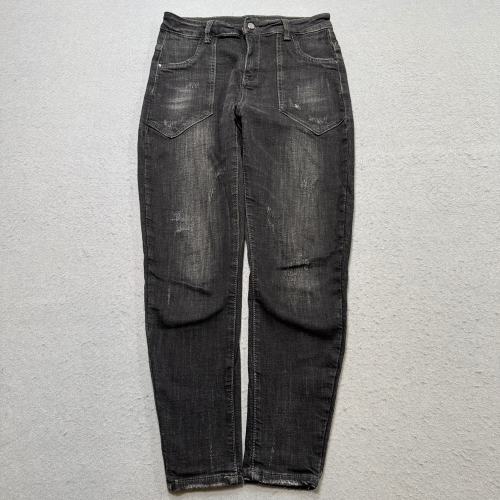 Y2K Distressed Jeans Womens 30 Black Faded Denim Tapered Leg Mid Rise Streetwear